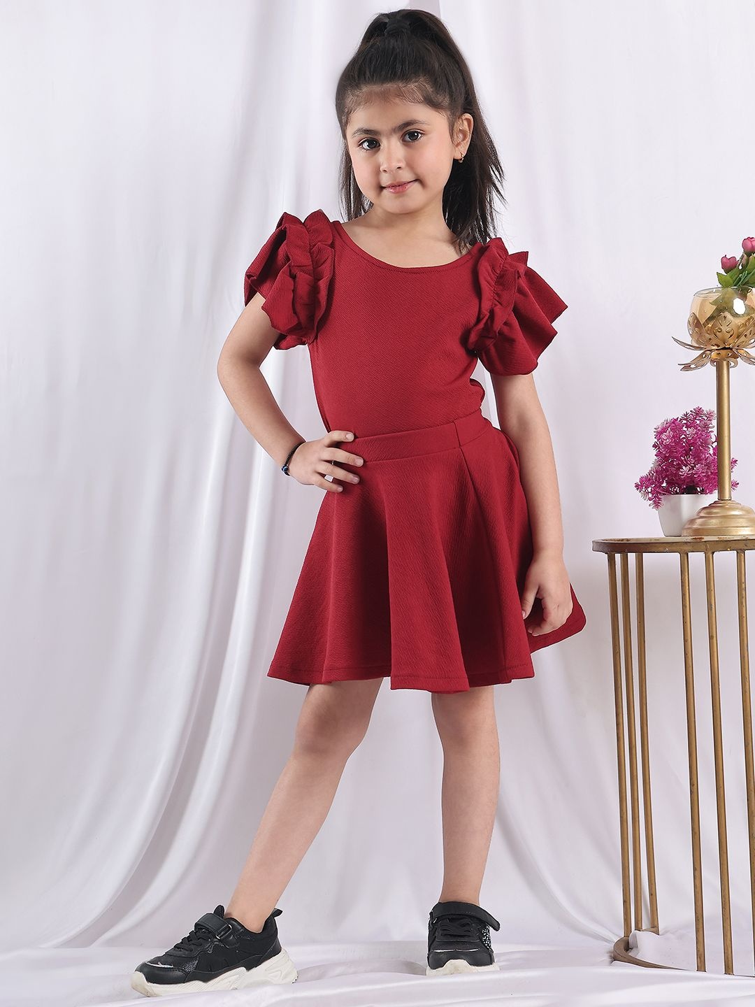 

NEUDIS Girls Round Neck Top With Skirt, Maroon