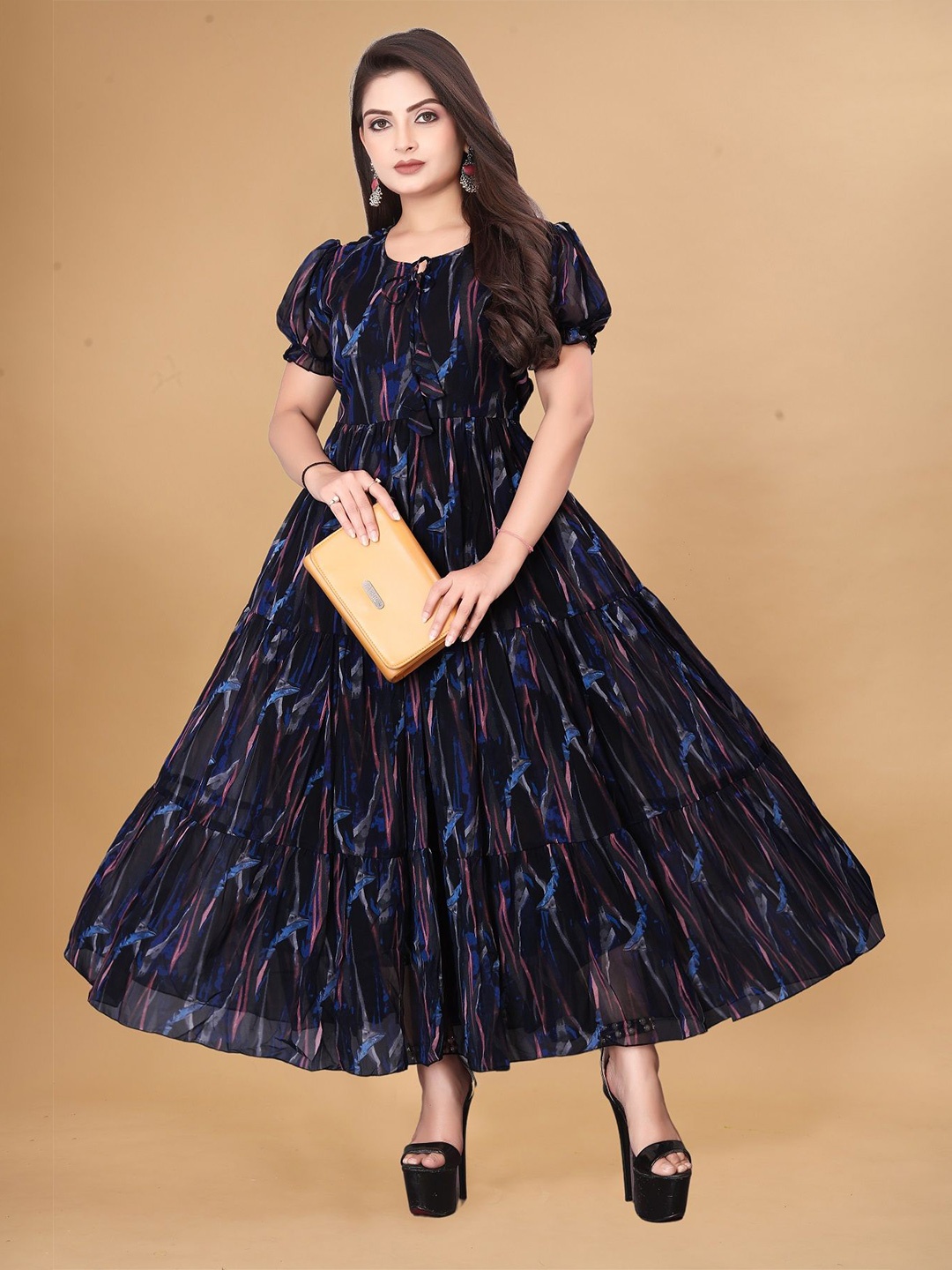 

KRISHTI CREATION Print Puff Sleeve Georgette Fit & Flare Maxi Dress, Blue