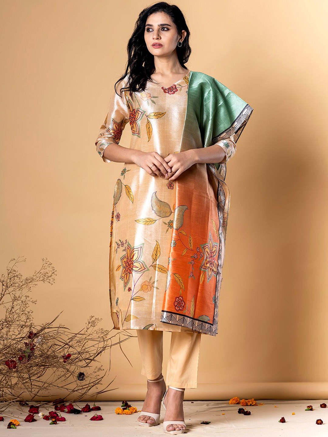 

Readiprint Floral Printed Chanderi Silk Straight Kurta With Trousers & Dupatta, Beige