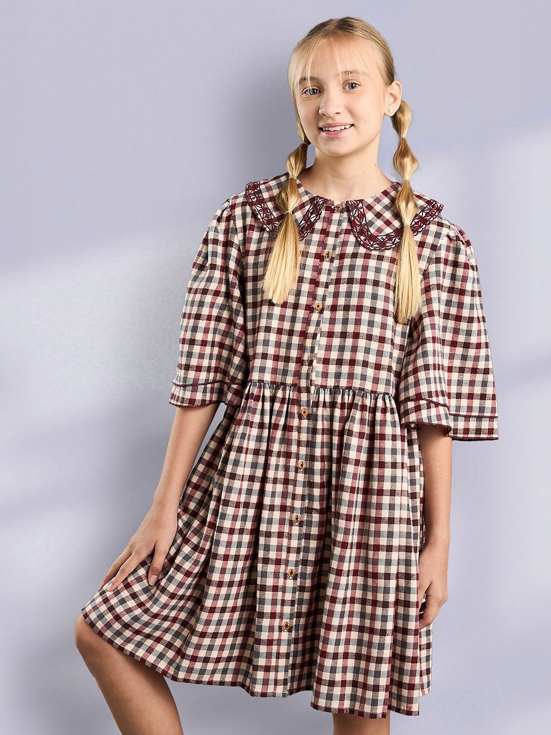 

max Girls Checked Printed Cotton Fit & Flare Dress, Brown