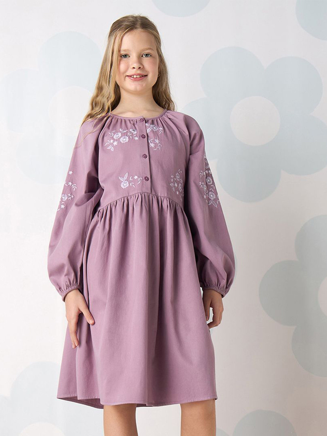 

max Girls Floral Embroidered Cotton Fit & Flare Dress, Purple