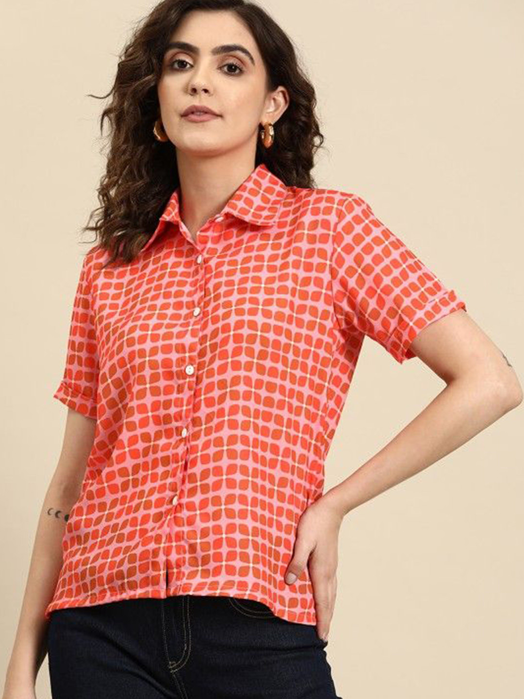 

DressBerry Women Spread Collar Abstract Printed Casual Shirt, Pink