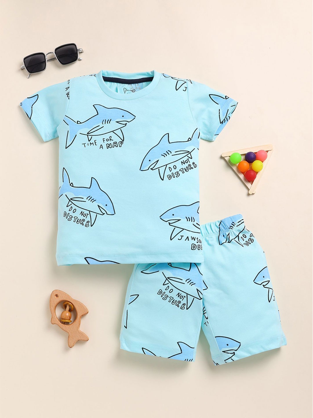 

YK Boys Printed Round Neck T-Shirt With Shorts, Turquoise blue