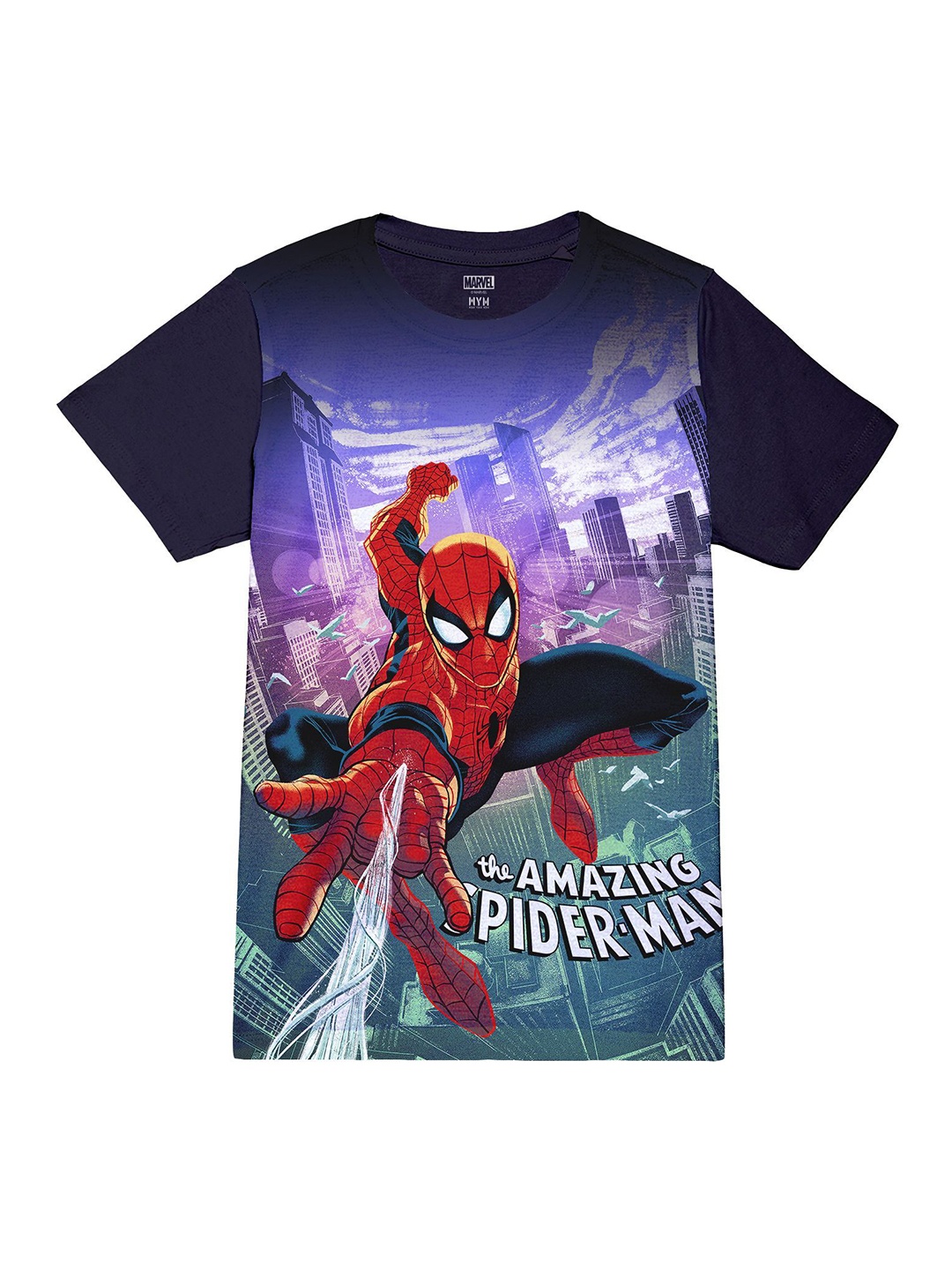 

Wear Your Mind Boys Spider-Man Graphic Printed Round Neck Regular Fit Cotton T-shirt, Navy blue