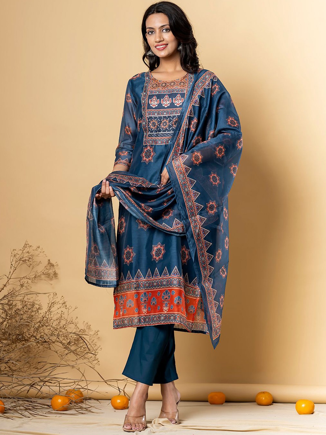 

Readiprint Floral Printed Pure Silk Straight Kurta With Trousers & Dupatta, Teal