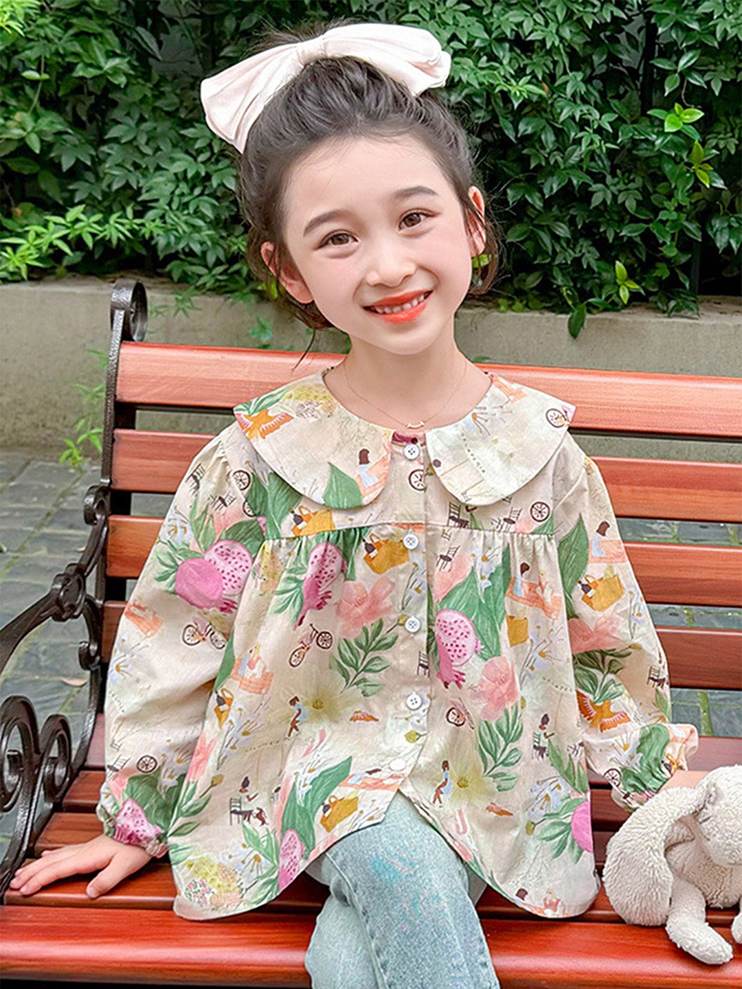

LULU & SKY Girls Peter Pan Collar Floral Printed Cotton Casual Shirt Style Top, Beige