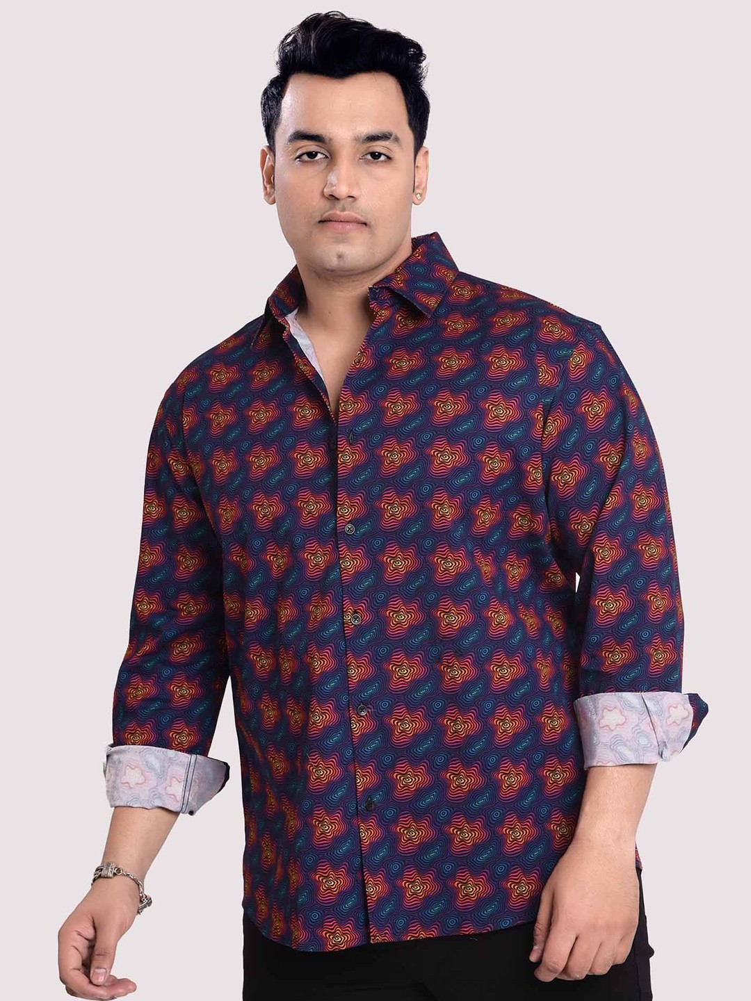 

Guniaa Men Plus Size Classic Fit Spread Collar Abstract Printed Cotton Casual Shirt, Navy blue