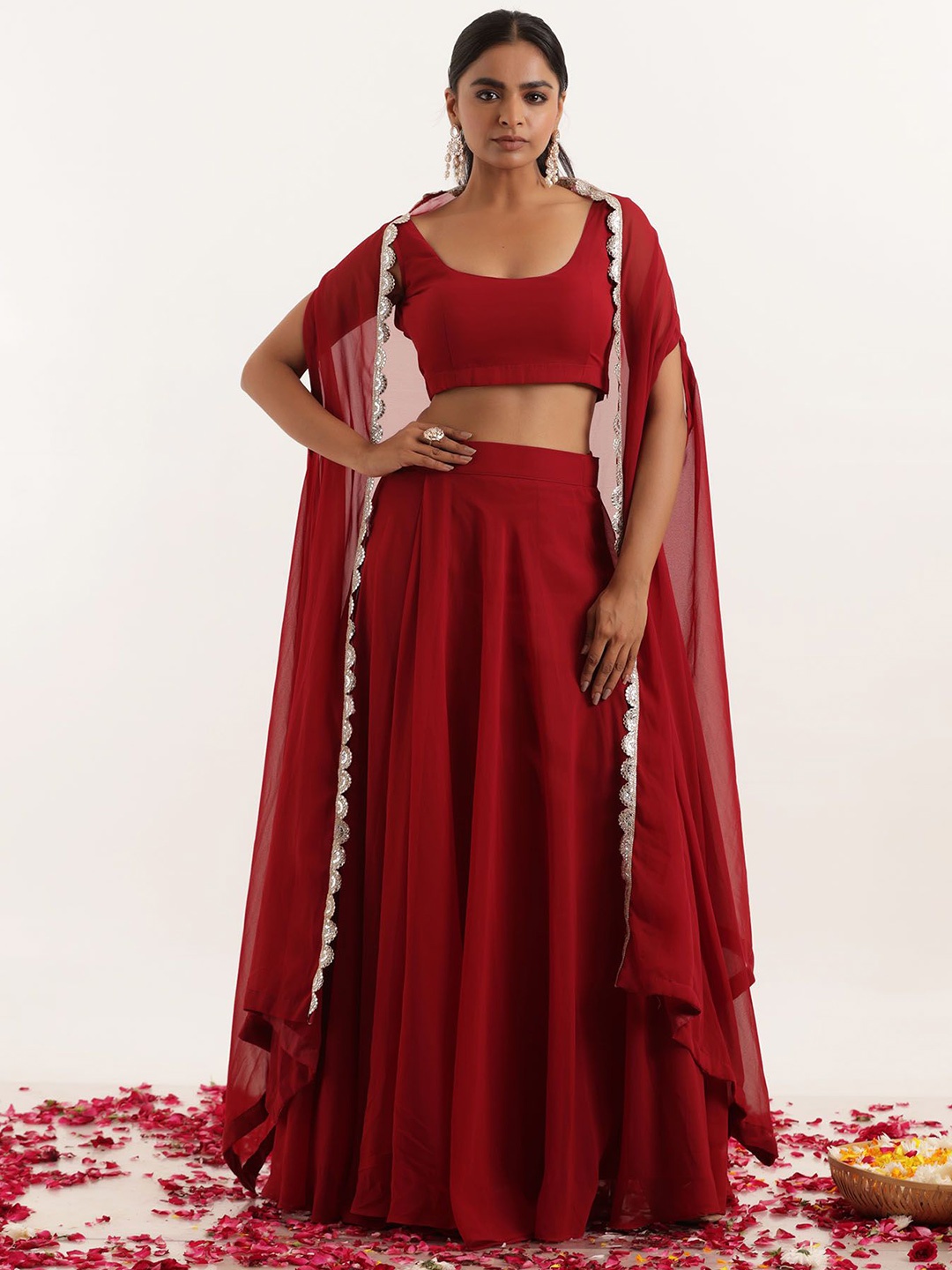 

DEASHA INDIA Georgette Ready To Wear Lehenga & Blouse With Dupatta, Maroon