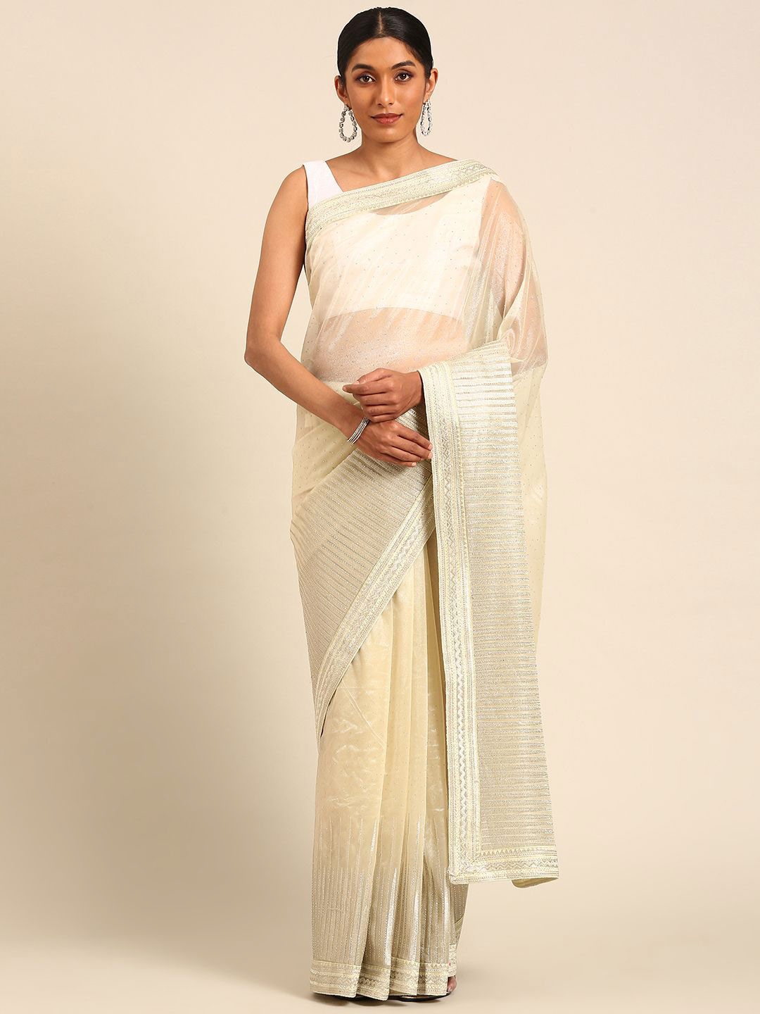 

LeeliPeeri Designer Ethnic Motifs Beads and Stones Net Saree, Off white