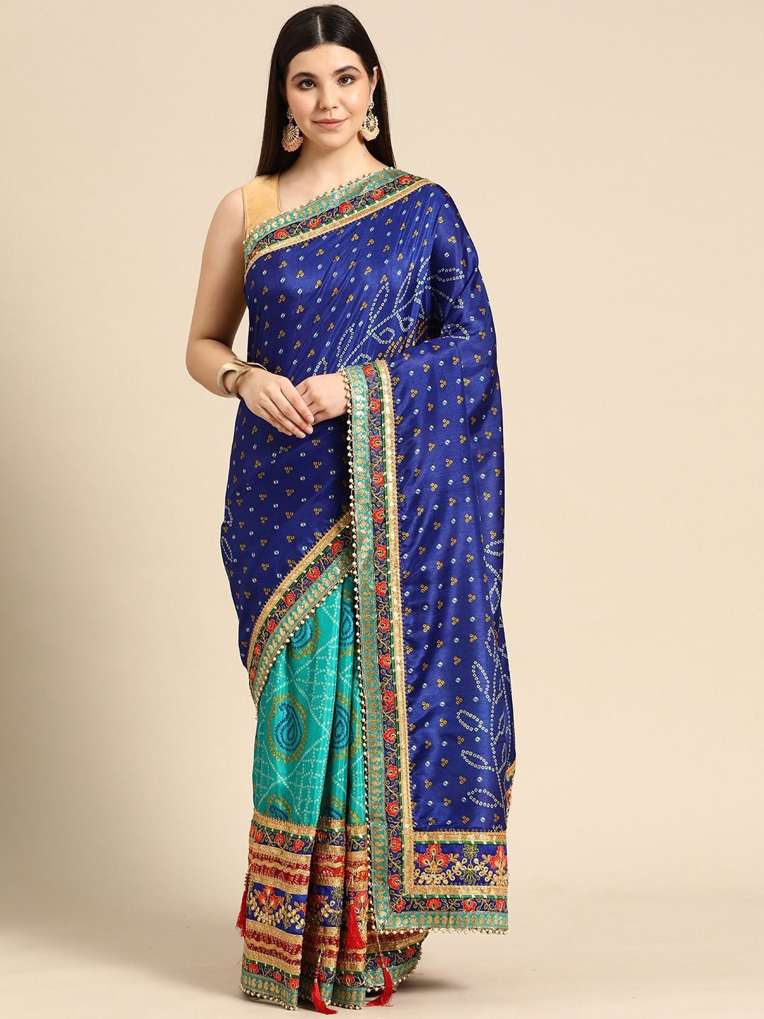 

DIVASTRI Bandhani Gotta Patti Silk Blend Designer Bandhani Saree, Blue