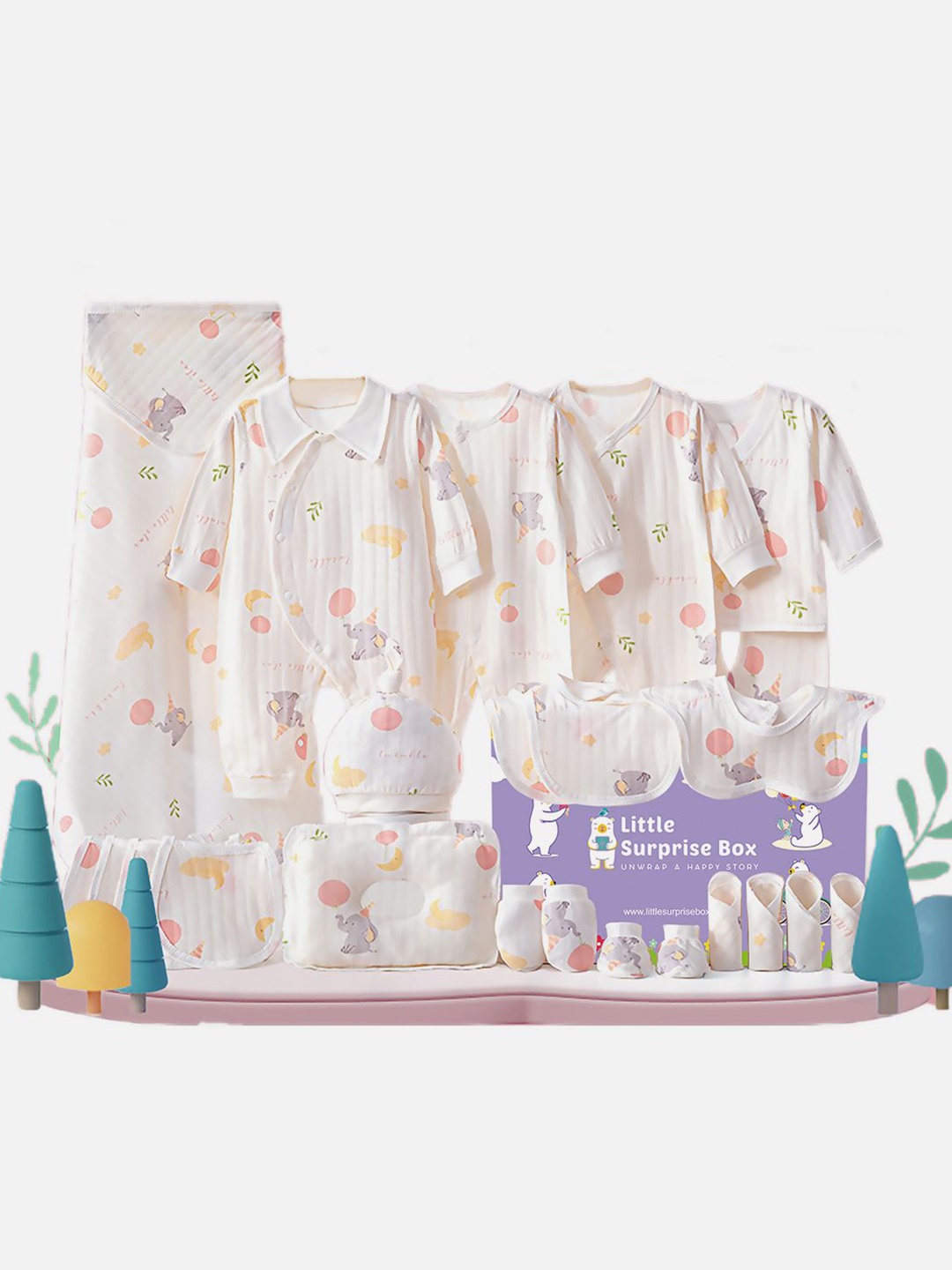 

Little Surprise Box LLP 24pcs Pink Ballon Ellie Newborn Kids Gift Hamper set 0-12 Months, Off white