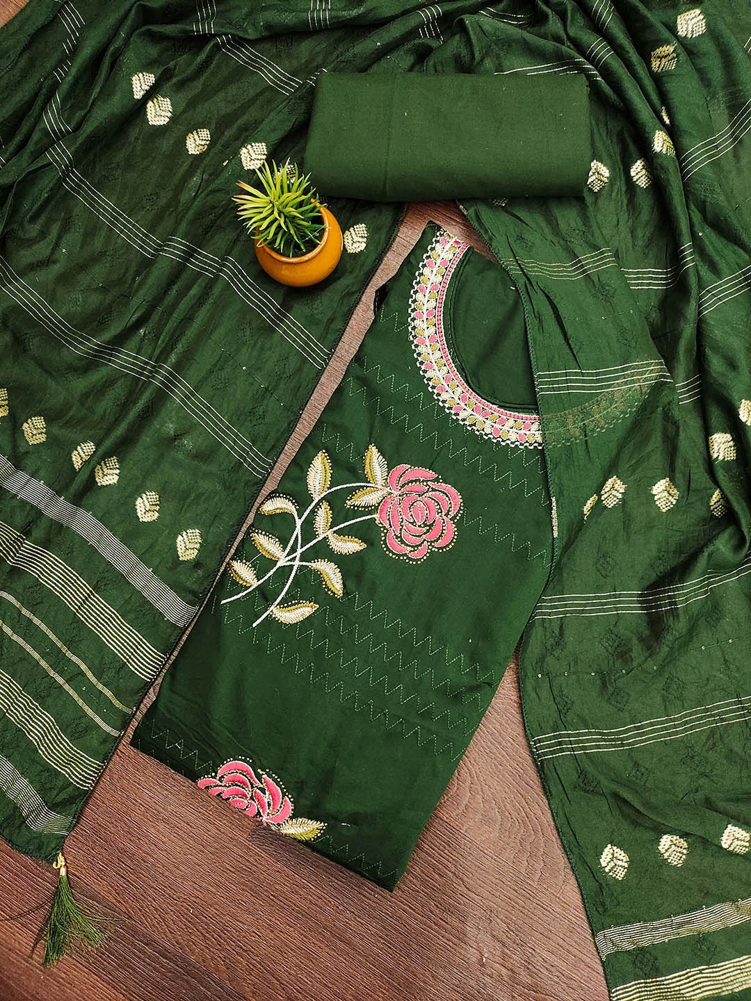 

MANVAA Floral Embroidered Unstitched Dress Material, Green