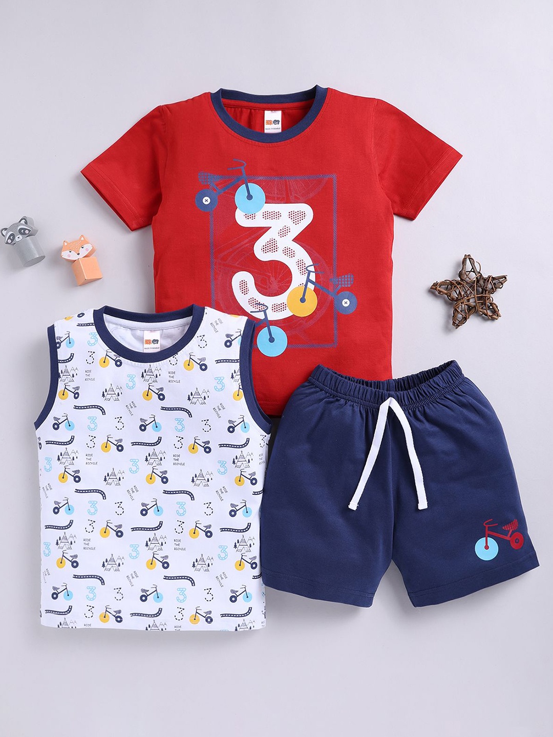

LITTLE NINJA Boys Printed Round Neck Pure Cotton T-Shirt With Shorts & T-Shirt, Red