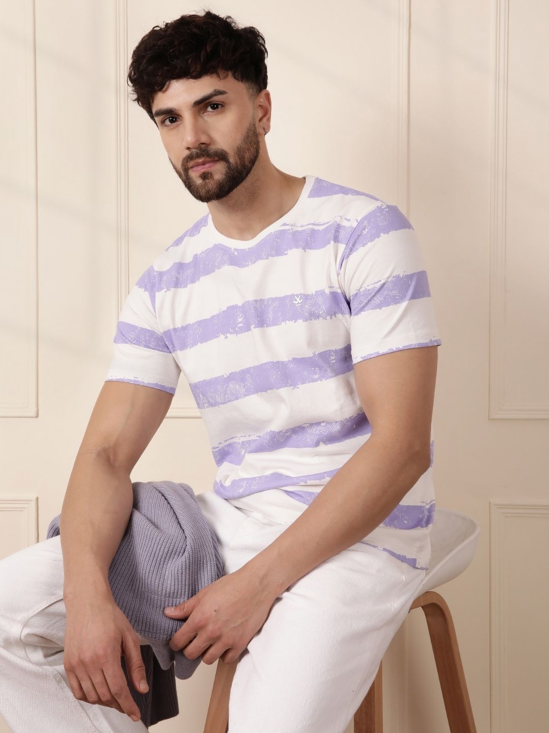 

WROGN Men Striped Round Neck Cotton Slim Fit T-shirt, Off white