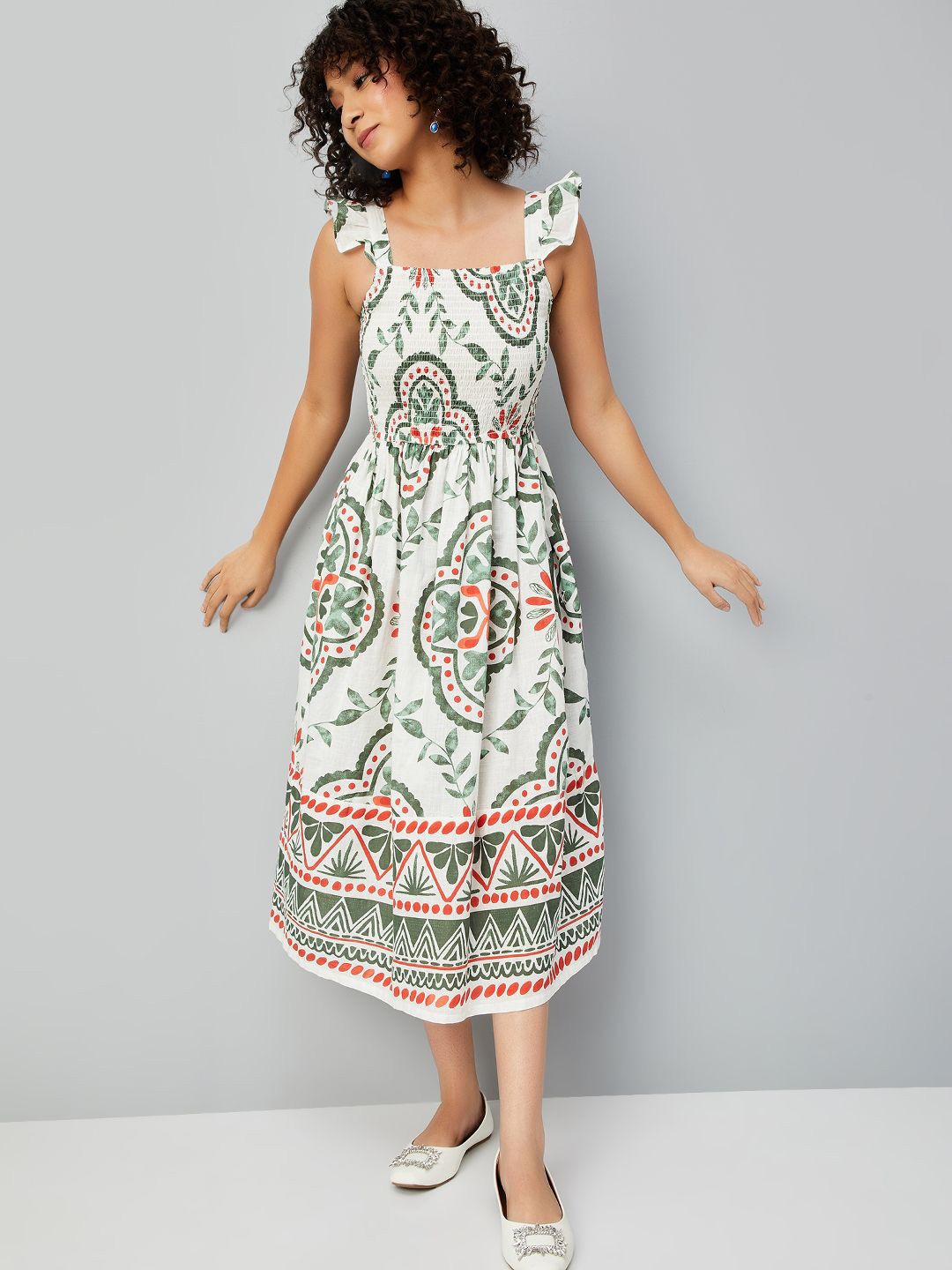 

max Ethnic Motifs Print A-Line Midi Dress, Off white