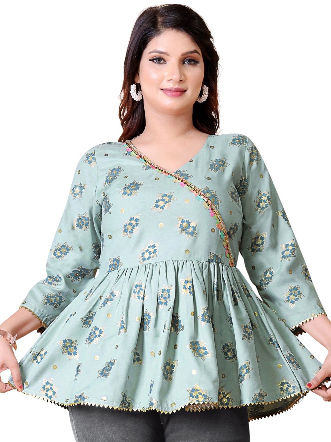 

SPECKLESS Women Printed V-Neck Kurti, Sea green