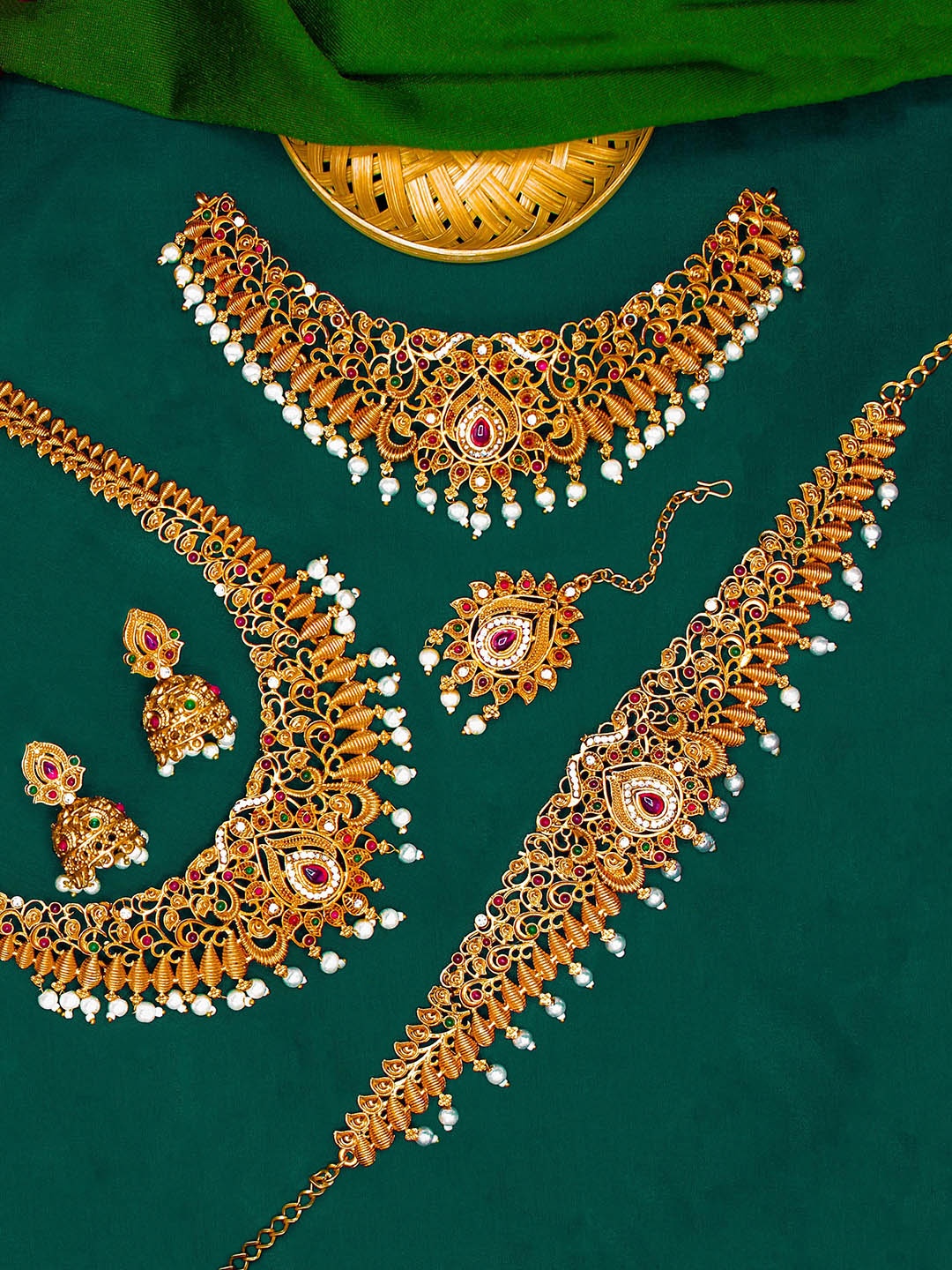 

NAGNESHI ART Gold-Plated Artificial Stones Studded And Beaded Temple Bridal Jewellery Set