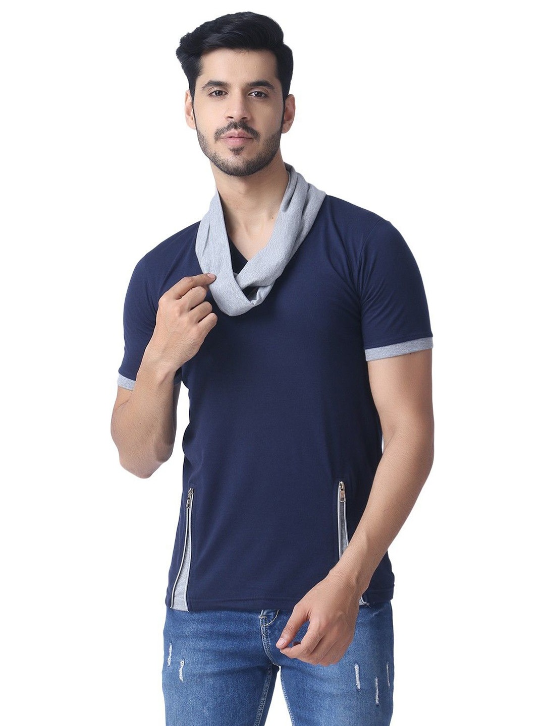 

Black Collection Men Solid Cowl Neck Cotton Slim Fit T-shirt, Navy blue