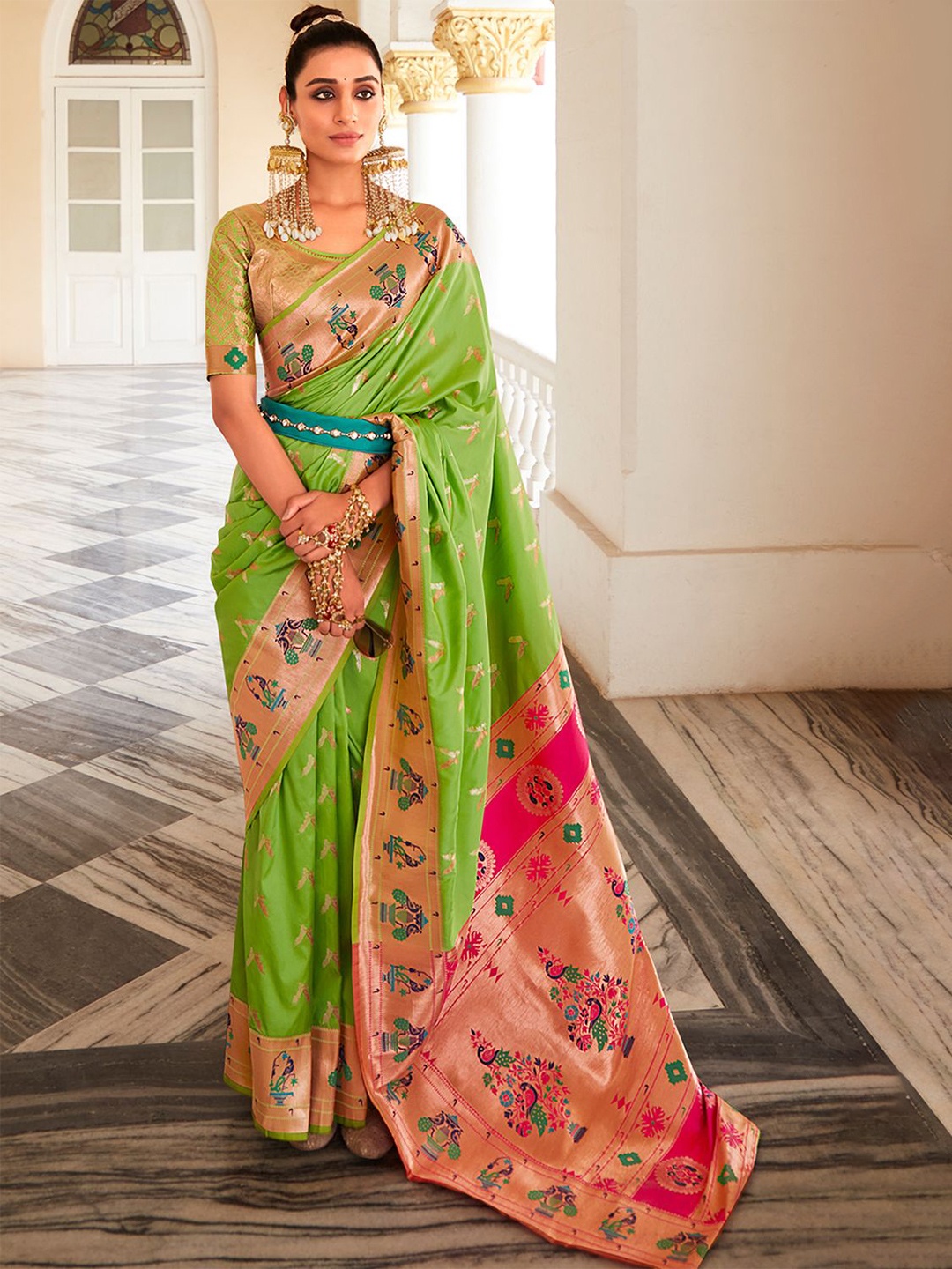 

DEVATITHI Woven Design Zari Green Silk Saree