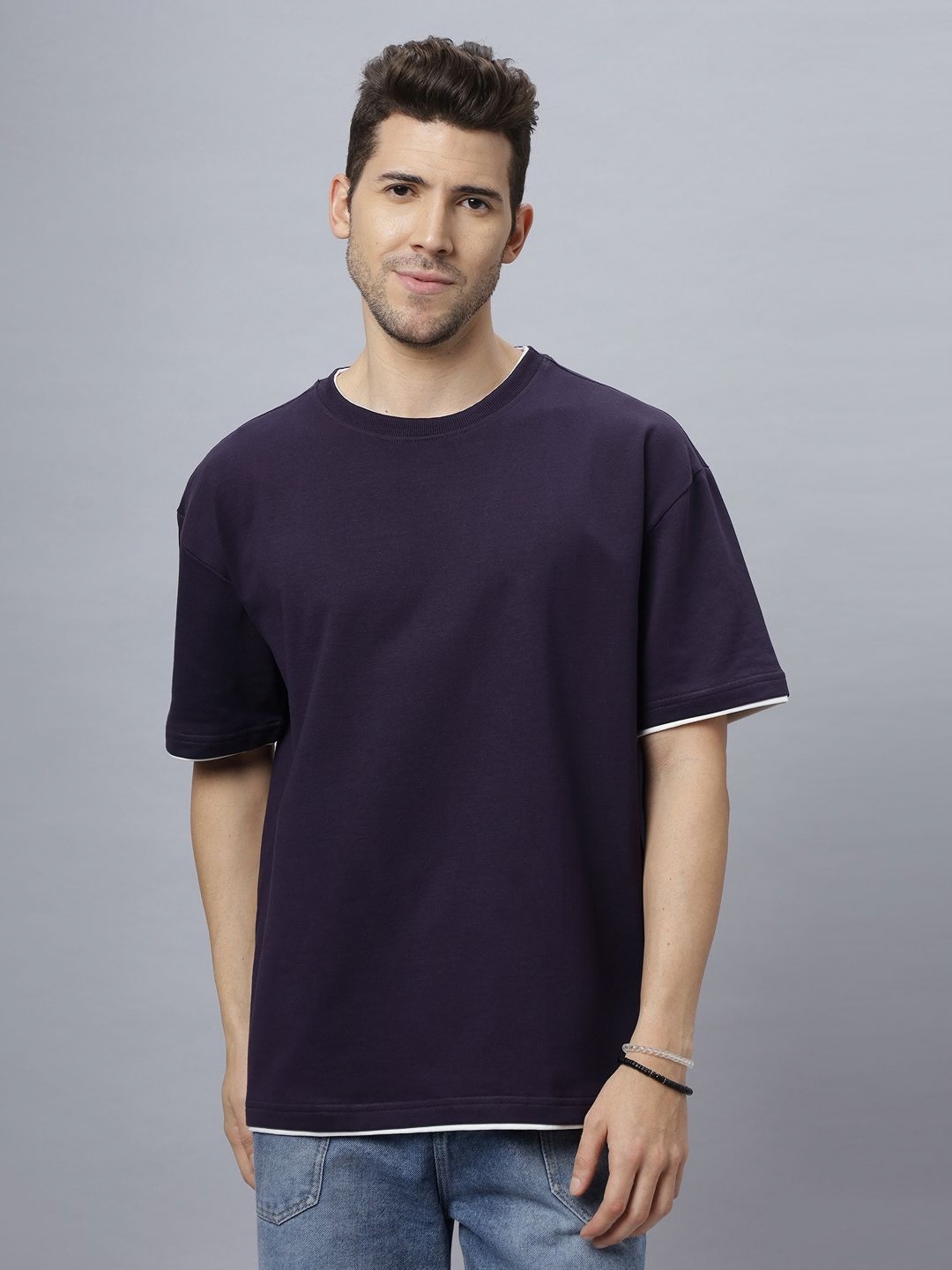 

NEON CHILLIE Men Solid Round Neck Cotton Oversized T-shirt, Purple