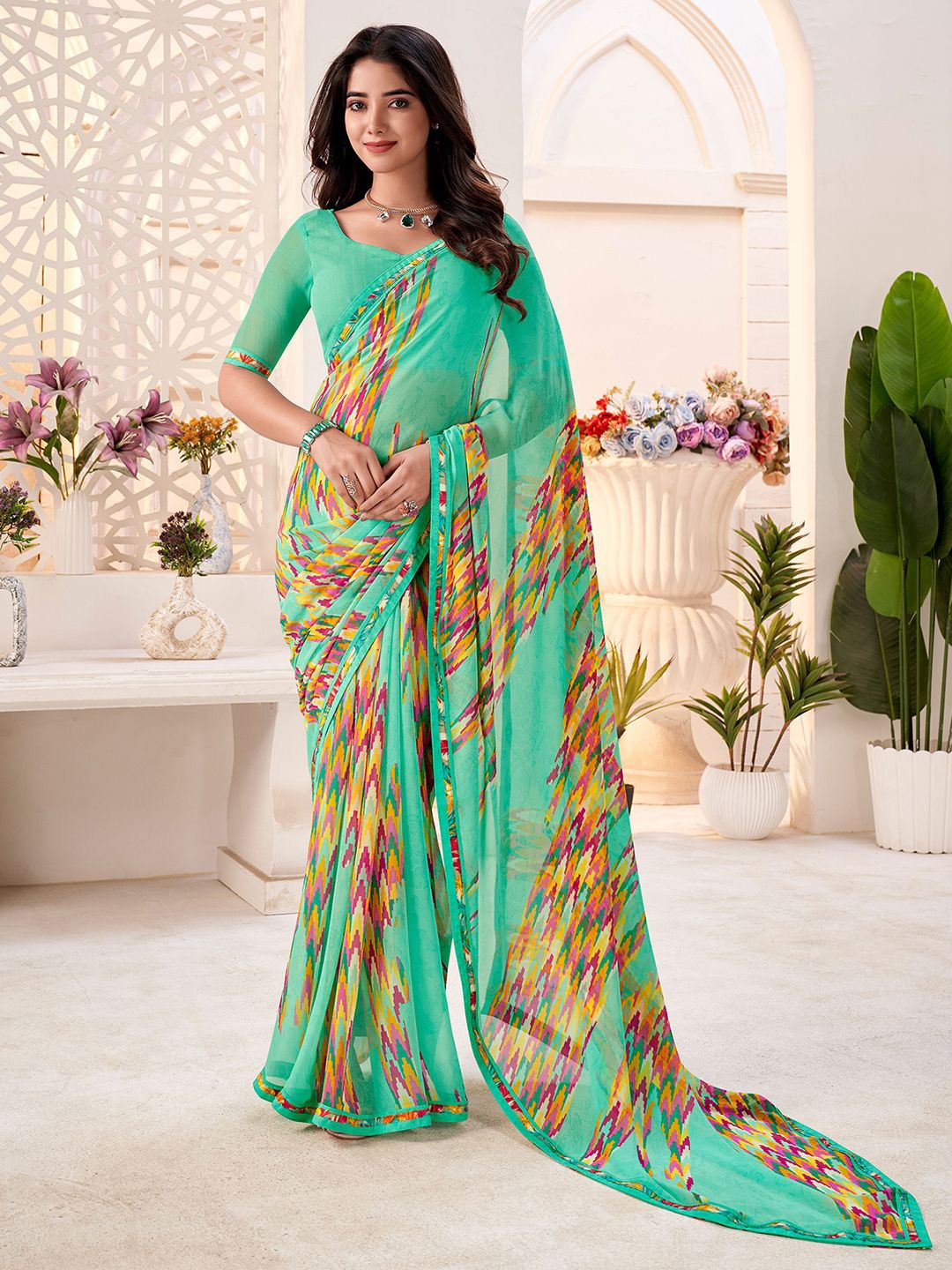 

Mitera Printed Saree With Unstitched Blouse Piece, Green