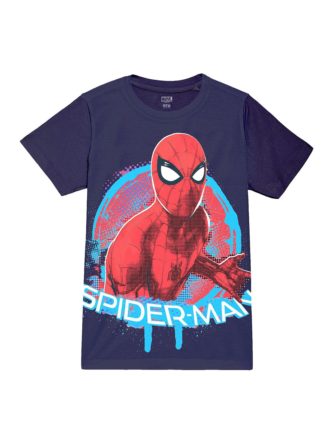 

Wear Your Mind Boys Spider-Man Graphic Printed Round Neck Regular Fit Cotton T-shirt, Navy blue