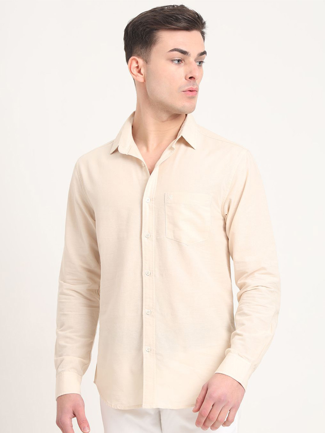 

Greenfibre Men Regular Fit Spread Collar Solid Cotton Casual Shirt, Beige