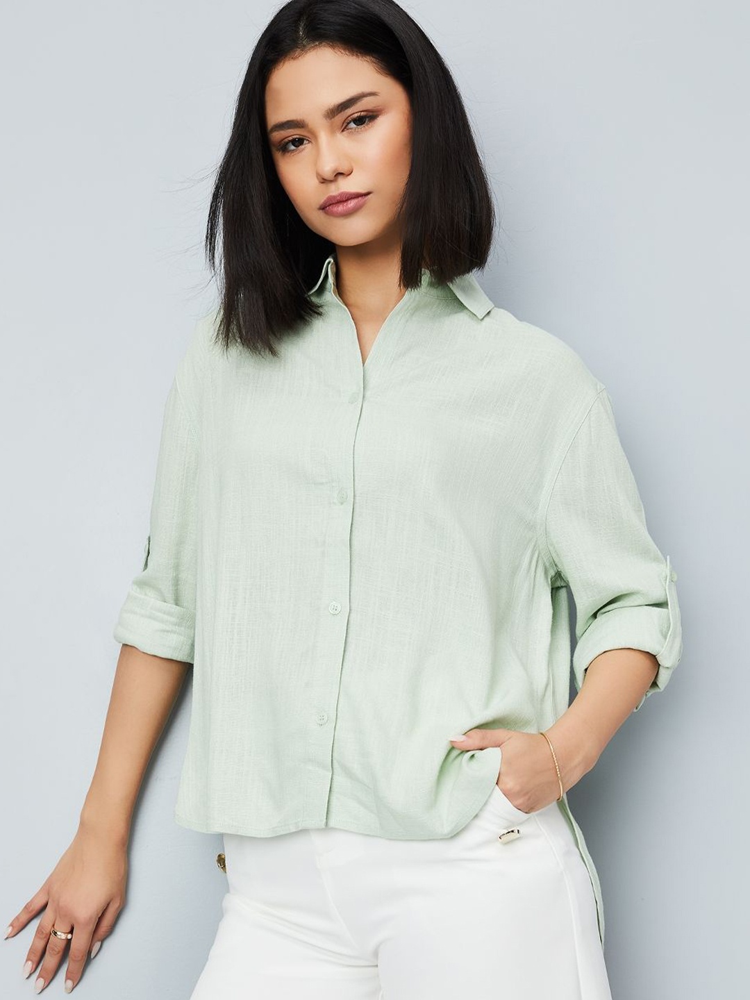 

max Women Spread Collar Solid Casual Shirt, Green