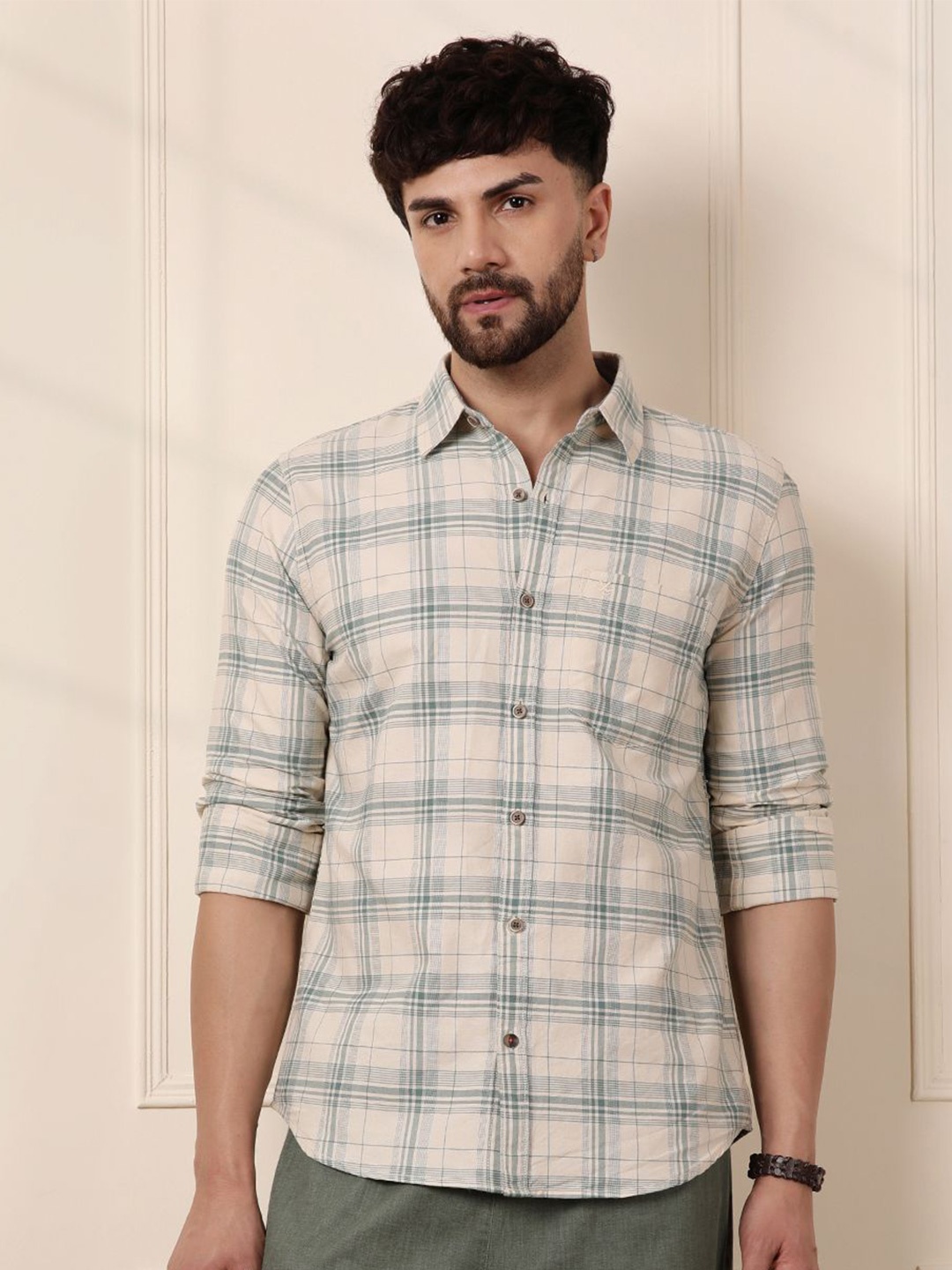 

WROGN Men Comfort Fit Spread Collar Tartan Checked Cotton Casual Shirt, Beige