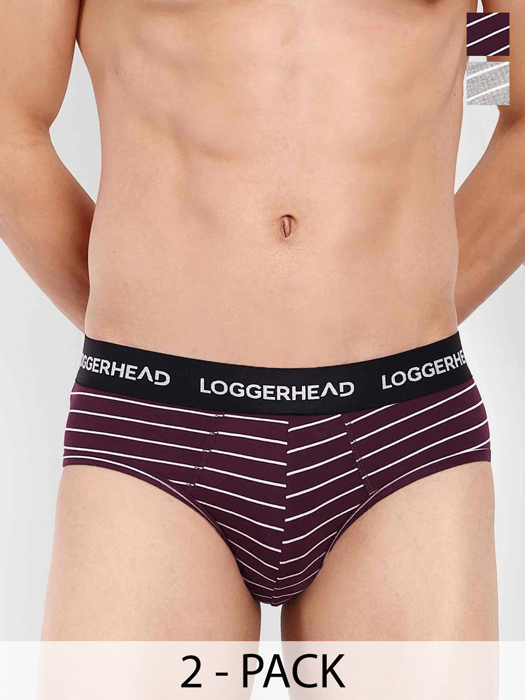 

LOGGERHEAD Pack Of 2 Striped Mid Rise Briefs - LHYB011-WINE-GREY-WINE-GREY