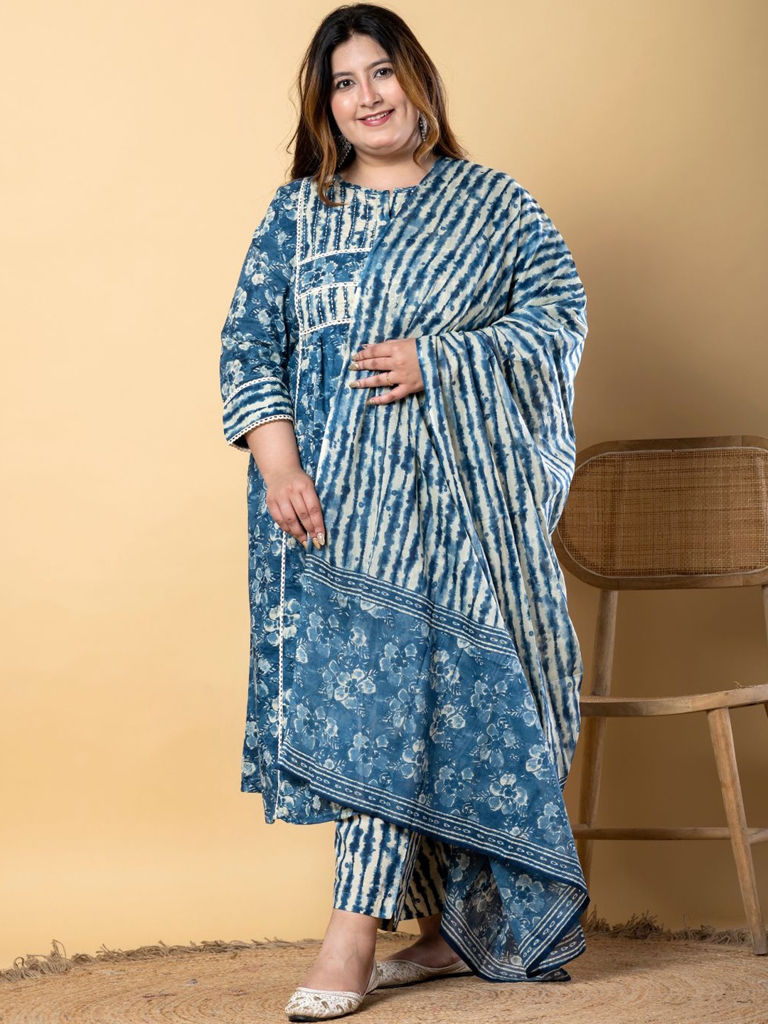 

Readiprint Plus Size Printed Pure Cotton Anarkali Kurta With Palazzos & Dupatta, Blue