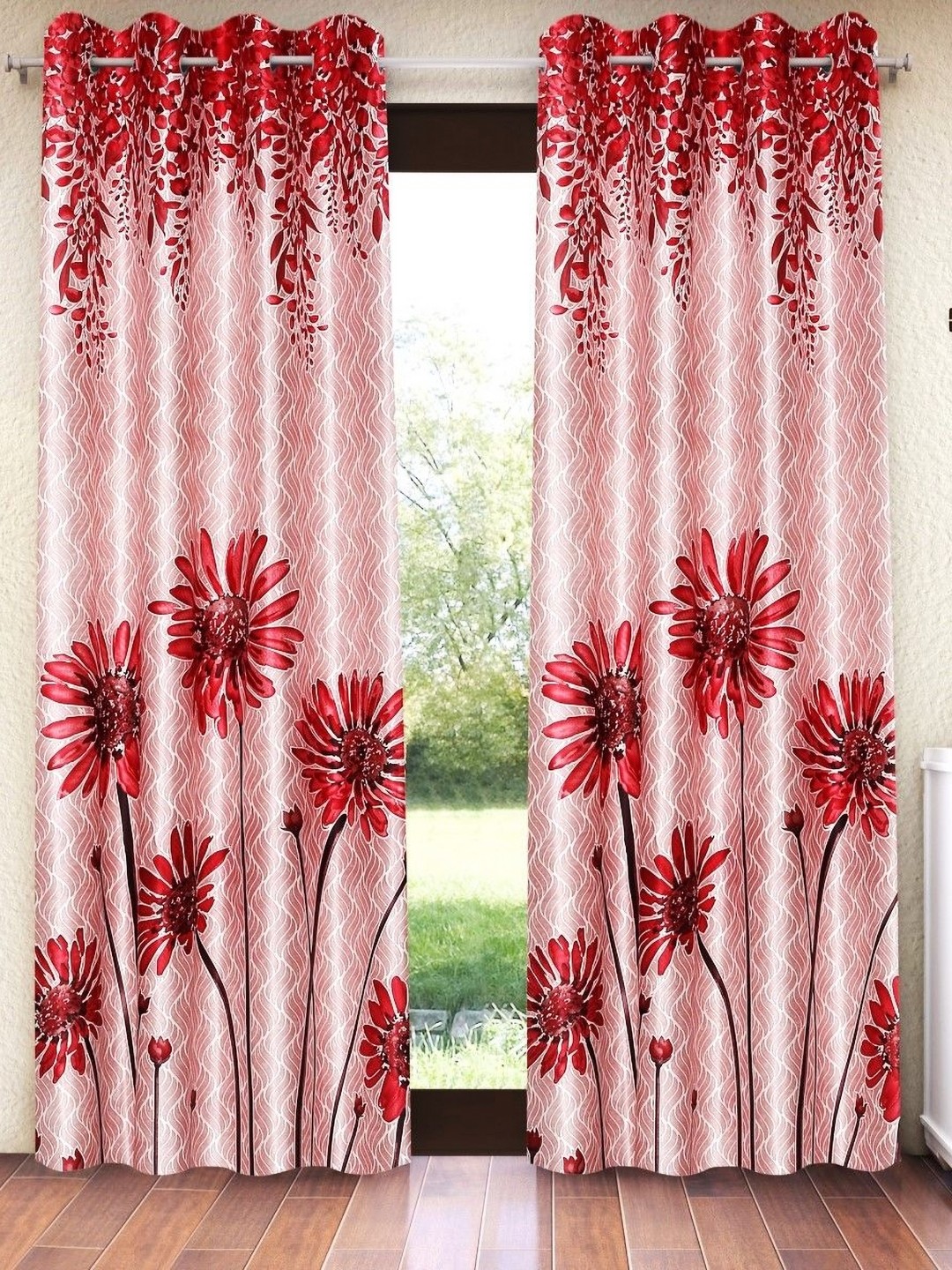 

Home Sizzler Red 2 Pieces Floral Regular Window Curtain