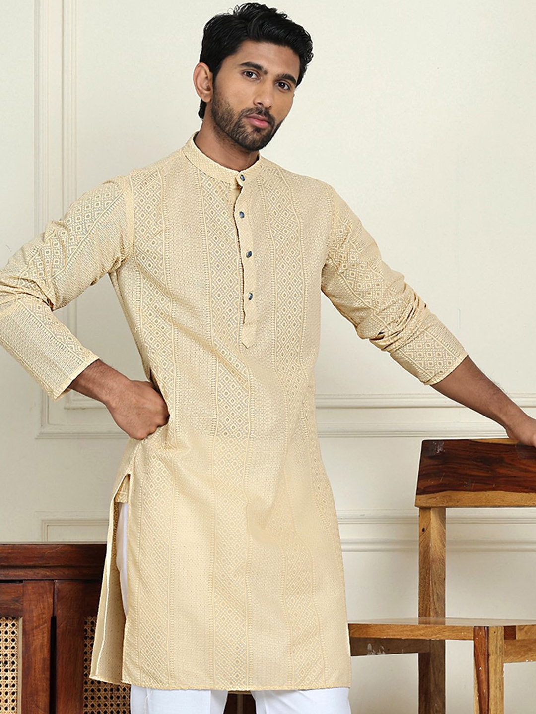 

Anouk Beige Geometric Embroidered Chikankari Mandarin Collar Pure Cotton Straight Kurta