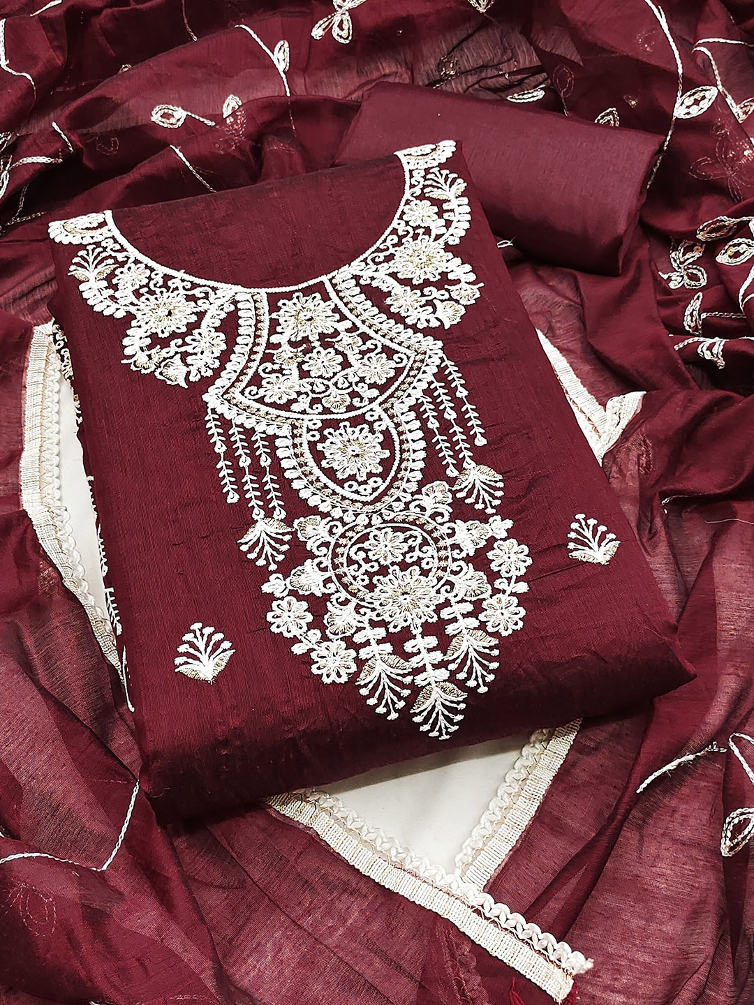 

MANVAA Floral Embroidered Thread Work Chanderi Cotton Unstitched Dress Material, Maroon