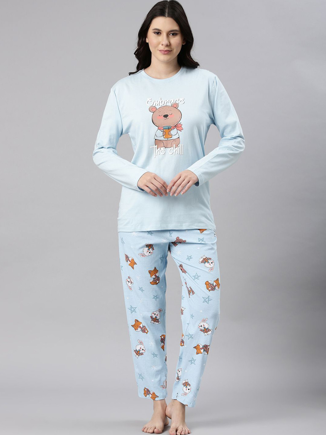

Nap Chief Women Woodland Bear Printed Pure Cotton Relaxed Fit Night Suit, Blue
