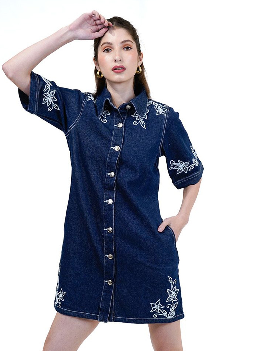 

COSMIC TRIO Cotton Embroidered Denim Dress Mini Dress, Blue