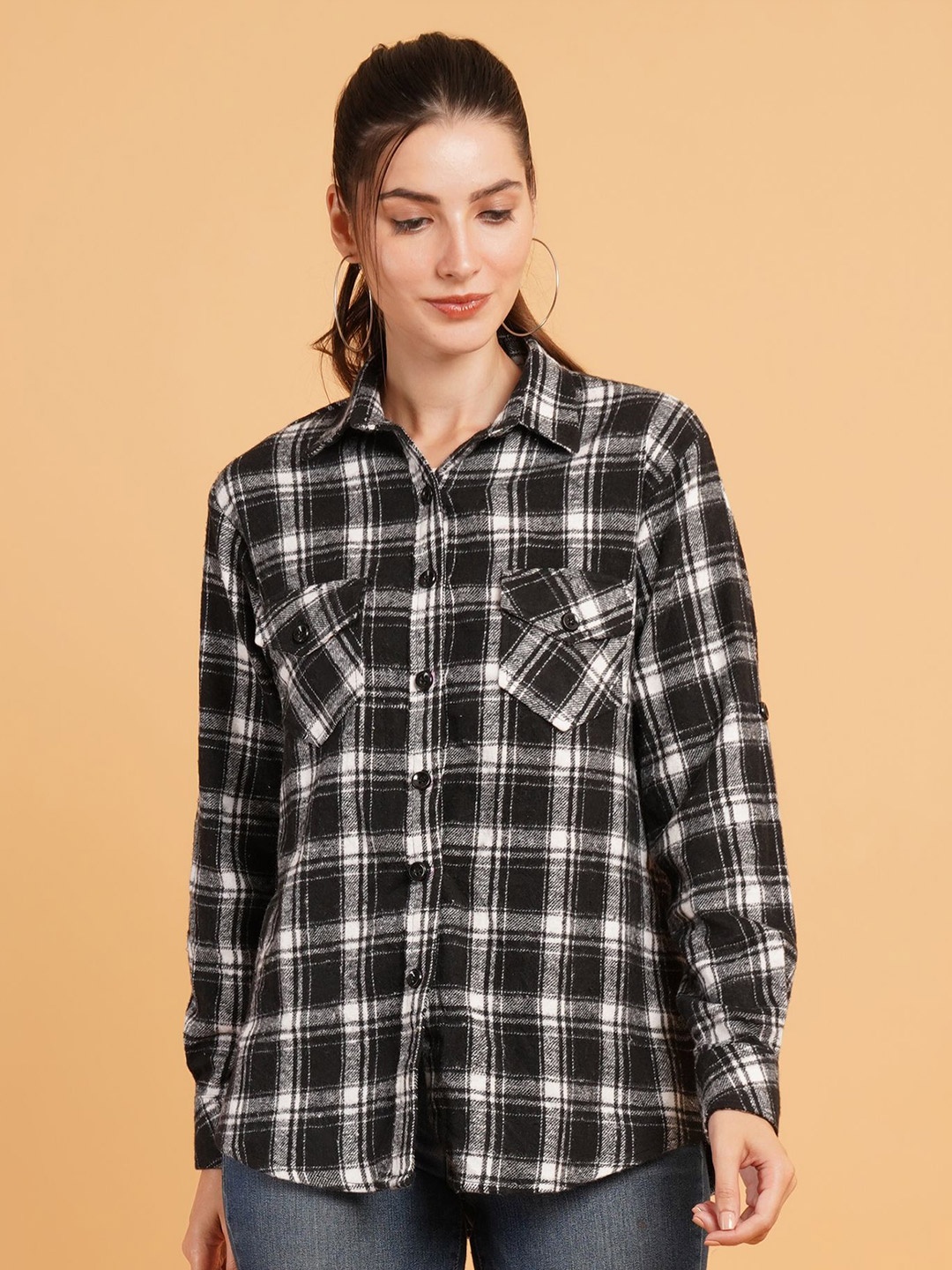 

ANGOORI FASHION Women Straight Relaxed Fit Spread Collar Checked Casual Shirt, Black