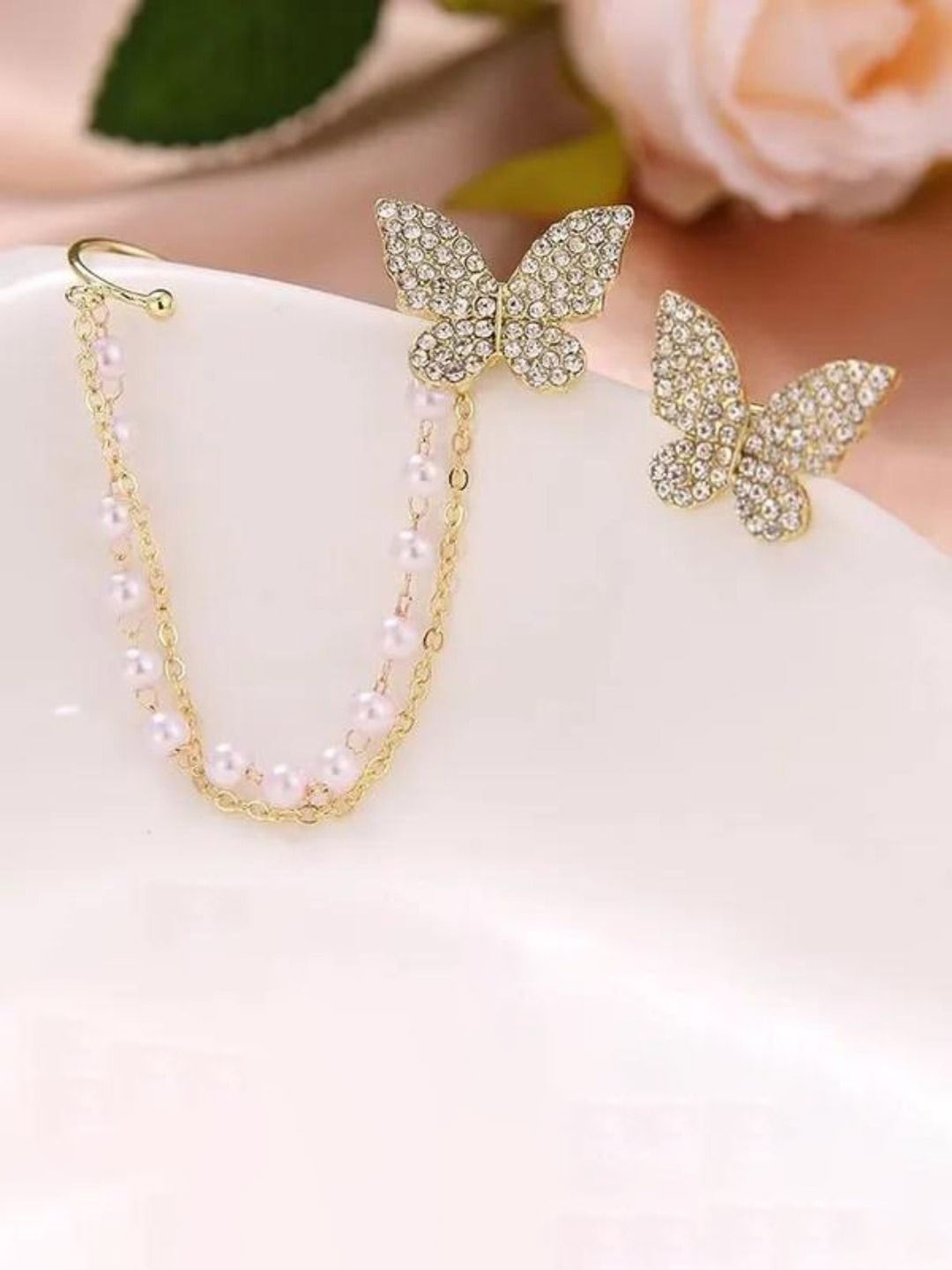 

Celestique Stones Studded And Pearls Beaded Contemporary Ear Cuffs, Gold