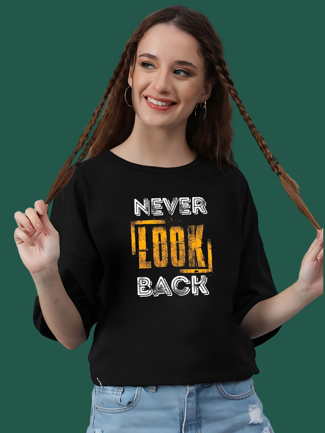 

DressBerry Women Typography Printed Round Neck Cotton Oversized T-shirt, Black