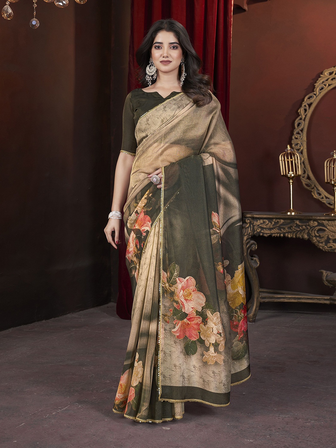 

DOI MOI Embellished Mukaish Tissue Saree, Beige