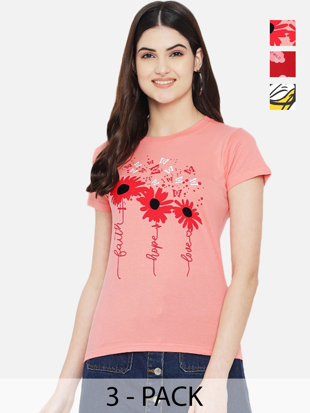 

Dreambe Women Pack Of 3 Floral Printed Round Neck Cotton T-shirts, Peach
