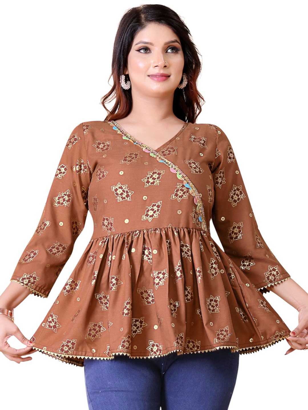 

SPECKLESS Ethnic Motifs Printed V-Neck Empire Anarkali Kurti, Brown