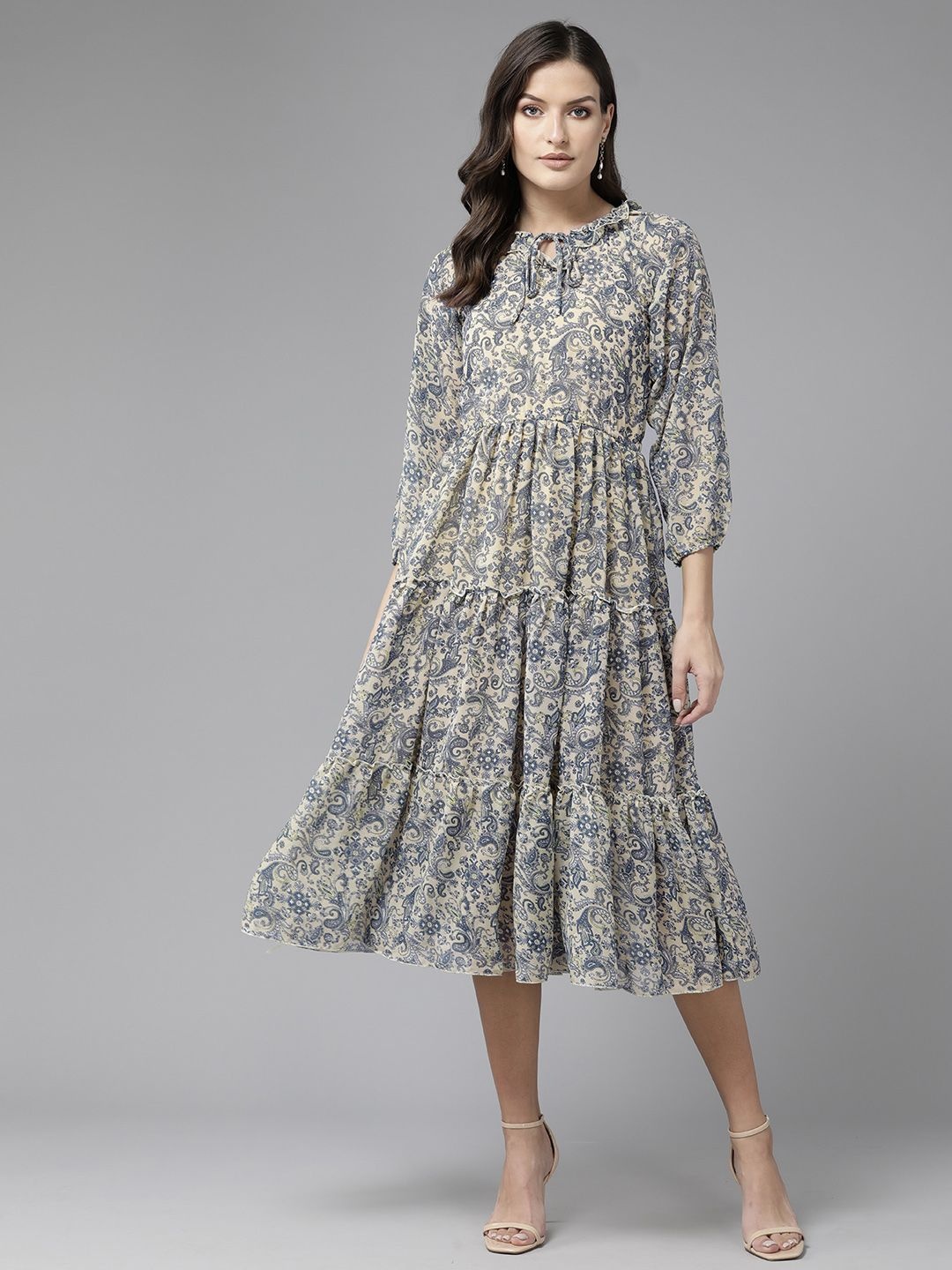 

CORSICA Floral Printed Puff Sleeve Georgette A-Line Midi Dress, Lime green