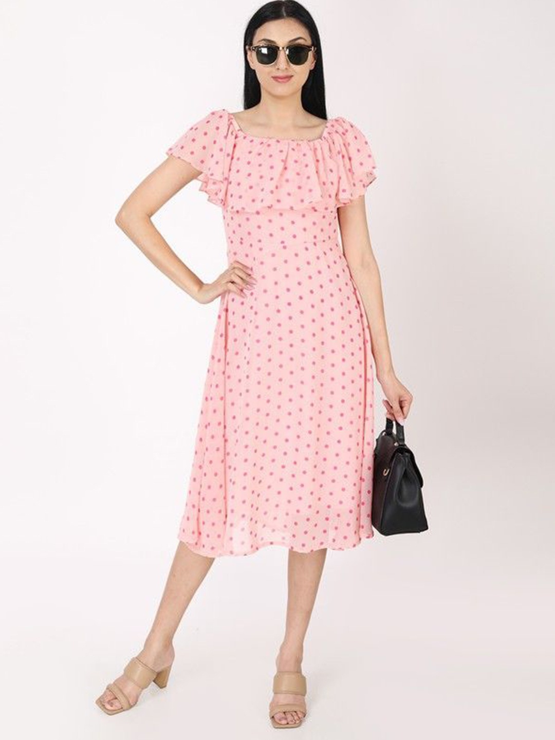 

JAKANARY Print Georgette Fit & Flare Midi Dress, Pink