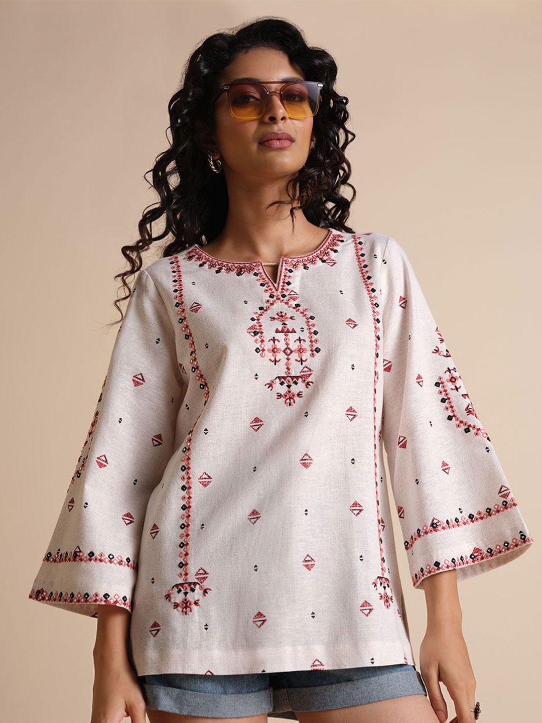 

Global Desi Women Geometric Embroidered Round Neck Top, Off white