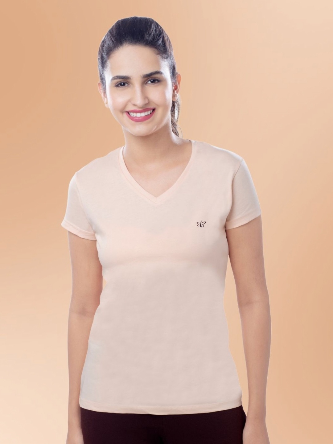 

BRIDA LADIES INNERWEAR Women Moisture Wicking Solid V-Neck Cotton T-shirt, Beige