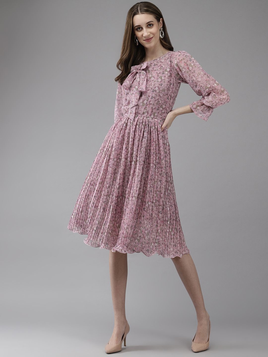 

CORSICA Women Floral Printed Bell Sleeves Fit & Flare Dress, Pink
