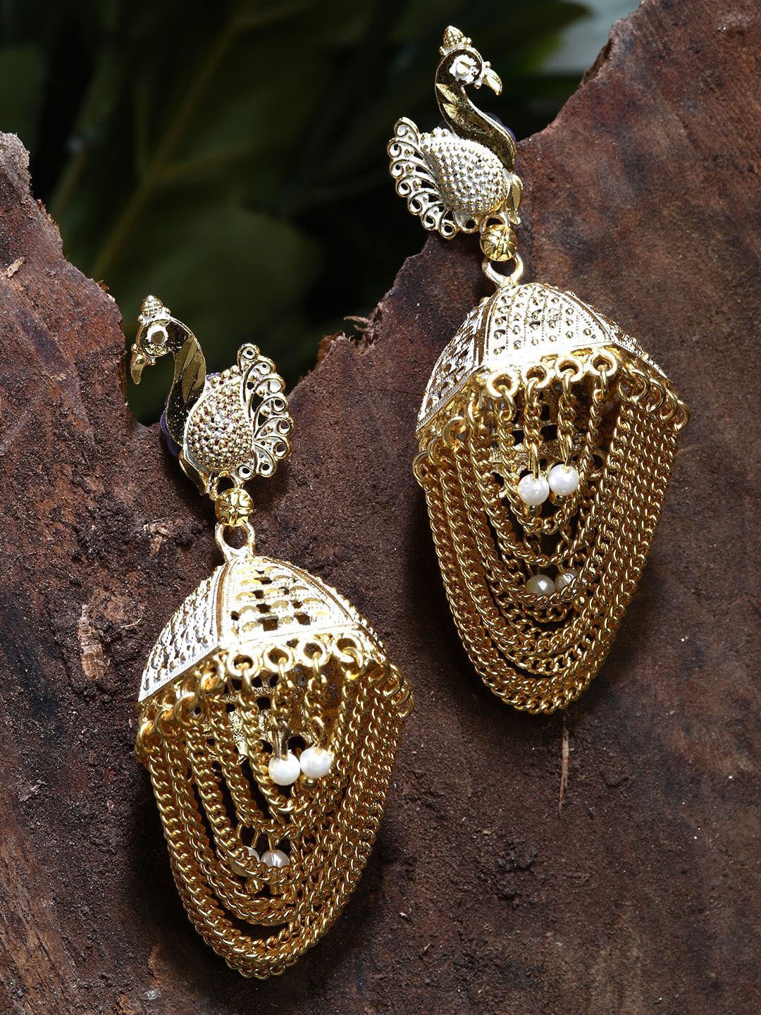 

Anouk Gold-Plated Beaded & Tasseled Contemporary Shaped Drop Earrings With Chains