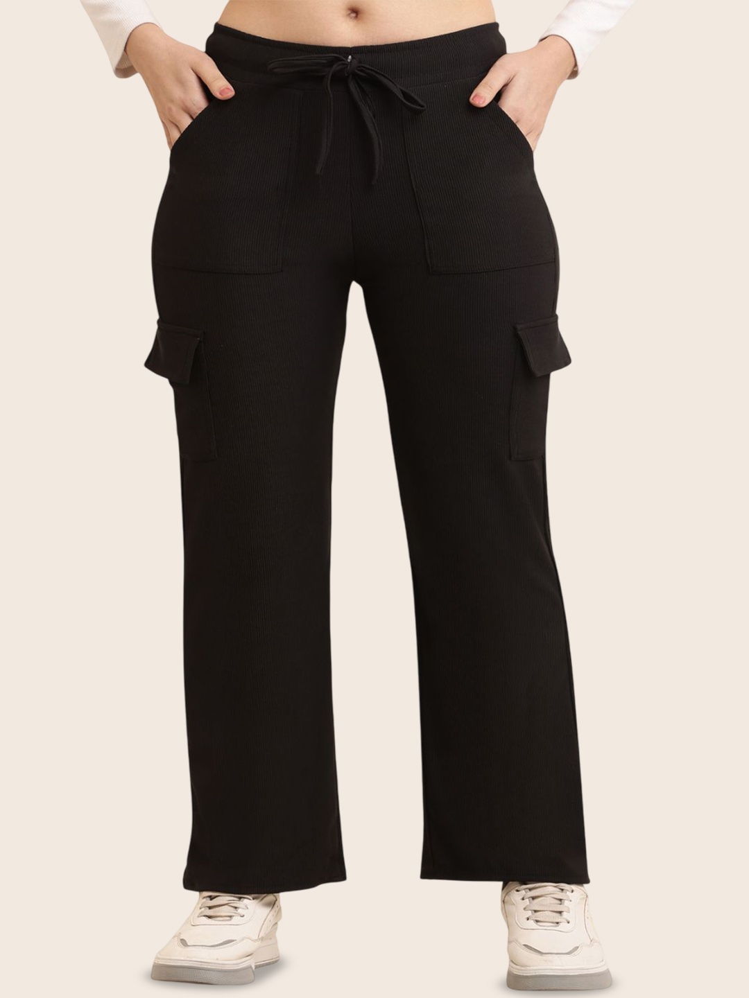 

69 FASHION STREET Women Striped Regular Fit Low Rise Trousers, Black