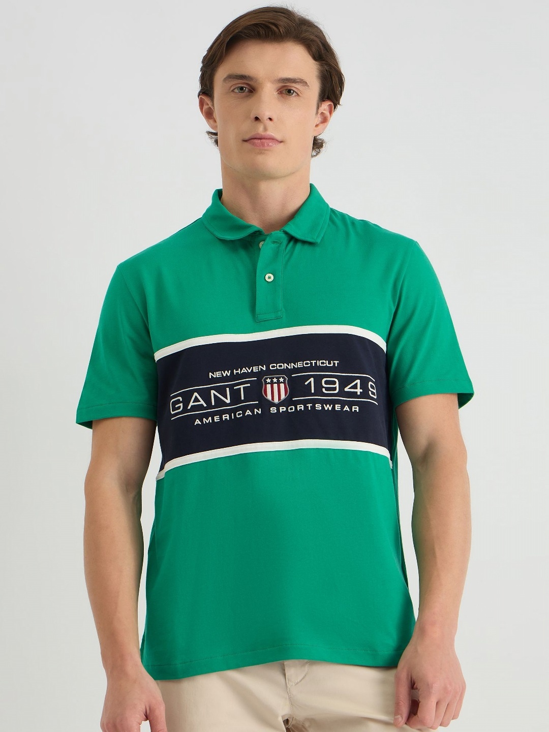

GANT Men Colourblock Embroidered Polo Collar Cotton T-shirt, Green